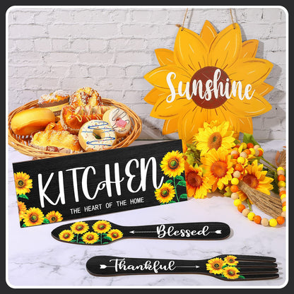 Yerliker 3 Pieces Sunflower Kitchen Decor Hello Summer Blessed Thankful Wooden Hanging Eat Signs Fork and Spoon Summer Farmhouse Wall Art Decor for Kitchen Home (Black, 13.78 x 5.12 Inch)