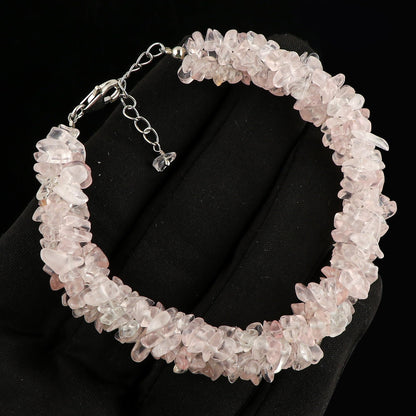 CRYSTALIS Natural Rose Quartz Beads Braided Rope Bracelet, Chips Nuggets Beaded Gemstones, Chakra Healing Stones, Gift Giving Womens Jewelry, 925 Sterling Silver Bracelet 8 inch
