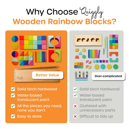 Quiggly Montessori Wooden Rainbow Building Blocks Set | 68-Piece Educational STEM Toy for Toddlers | Includes Storage Box with Carry Handles | Ideal for Ages 12-48+ Months (Wooden Storage Box)