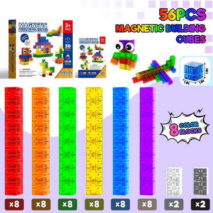 Annexfun 56PCS Magnetic Blocks - Transparent Magnetic Cubes, Toddlers Building Blocks,Montessori Preschool STEM Educational Sensory Toys for Kids Ages 3+ Boys & Girls Birthday Gifts (1IN)