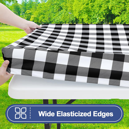 Smiry Picnic Table Cover with Bench Covers, Waterproof Elastic Fitted Tablecloths for 6 Foot Rectangle Tables, Washable Buffalo Plaid Tablecloth for Camping, Outdoor (Black & White, 30"x72")