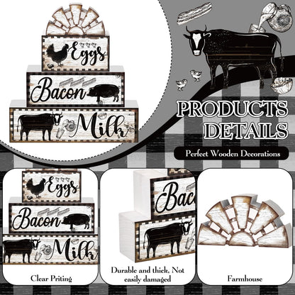 Jetec 4 Pcs Farmhouse Kitchen Decor Wooden Tiered Tray Decor Cow Rooster Pig Rustic Bathroom Signs Decorative Faux Stacked Table Centerpiece Block Sign for Home Living Kitchen Dining Room Shelf
