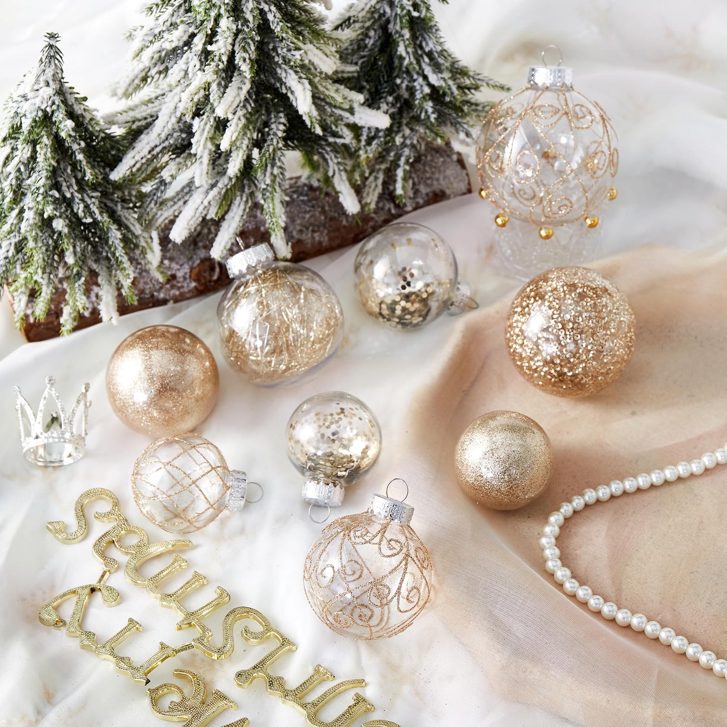 Wironlst Christmas Ball Ornaments Shatterproof Clear Large Plastic Hanging Ball Decorative Baubles Set with Stuffed Delicate Decorations (Multi-Size, Champagne)