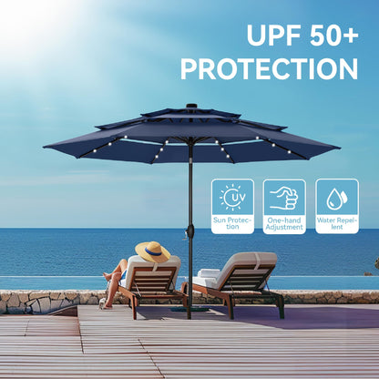 GREEN PARTY 10ft Patio Umbrella with Solar Lights, Auto-Tilt Lighted Market Table Umbrellas with Crank, 8 Sturdy Ribs & 1.5" Pole outdoor umbrellas for Patio Garden Deck Backyard Pool, Navy Blue