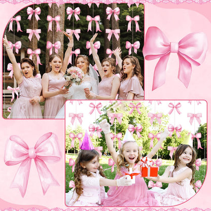Daifunli 8 PCS Bow Decorations Bow Hanging Banners Garland Banners Paper Cutouts Ribbon Streamers for Birthday Bridal Engagement Bachelorette Wedding Party Decor(Pink)