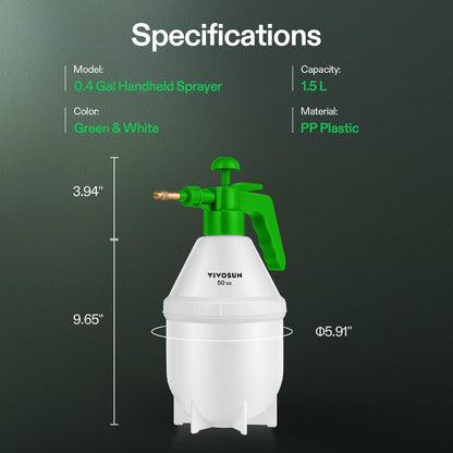 VIVOSUN 50oz Pump Sprayer, Handheld Garden Water Sprayer Bottle with Adjustable Brass Nozzle, for Spraying Plants, Flowers, Weeds and Cleaning, Green