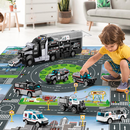 NIPLOOOW Police Trucks Toy Set with Play Mat, Carrier Truck Play Vehicles Set for 3 4 5 6 Years Old Boys Kids, Die-Cast Car Toy for Toddlers 3-4 Years, Birthday Gifts Toys for 3-9 Year Old Boys