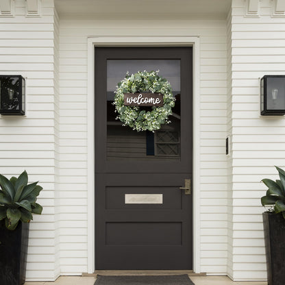 Sggvecsy 16in Artificial Eucalyptus Wreath with Welcome Sign Green Eucalyptus Leaf Wreath Greenery Wreath Round Leaves Wreath for Front Door Wall Window Festival Farmhouse Porch Patio Garden Decor