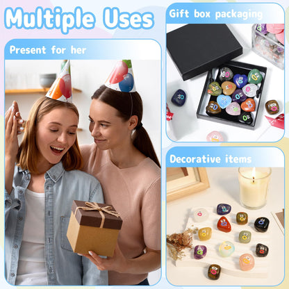 XIANNVXI Funny Emotion Heart Polished Stone Gift 12pcs Natural Heart Healing Crystals Stones Mothers Day Graduation Birthday Gifts for Women Cute Emoji Carving Figurine Crystals Present