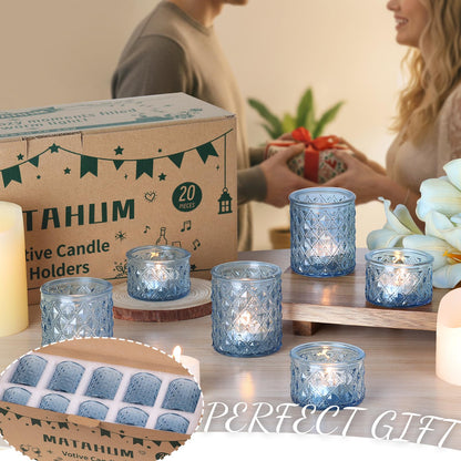 MATAHUM 20 Pcs Blue Tealight Candle Holders,Glass Votive Candle Holders Bulk, 2 Sizes for Wedding Centerpieces, Beach Theme Bridal Shower, Baby Boy Shower, and Birthday Party Decor