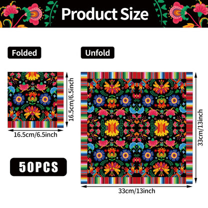 Pack of 50, Mexican Fiesta Napkins, Colorful Floral and Serape Stripe Design, Disposable Paper Napkins for Cinco de Mayo, Taco Night, Birthdays, Mexican-Themed Party Supplies, 13x13 Inches Unfolded