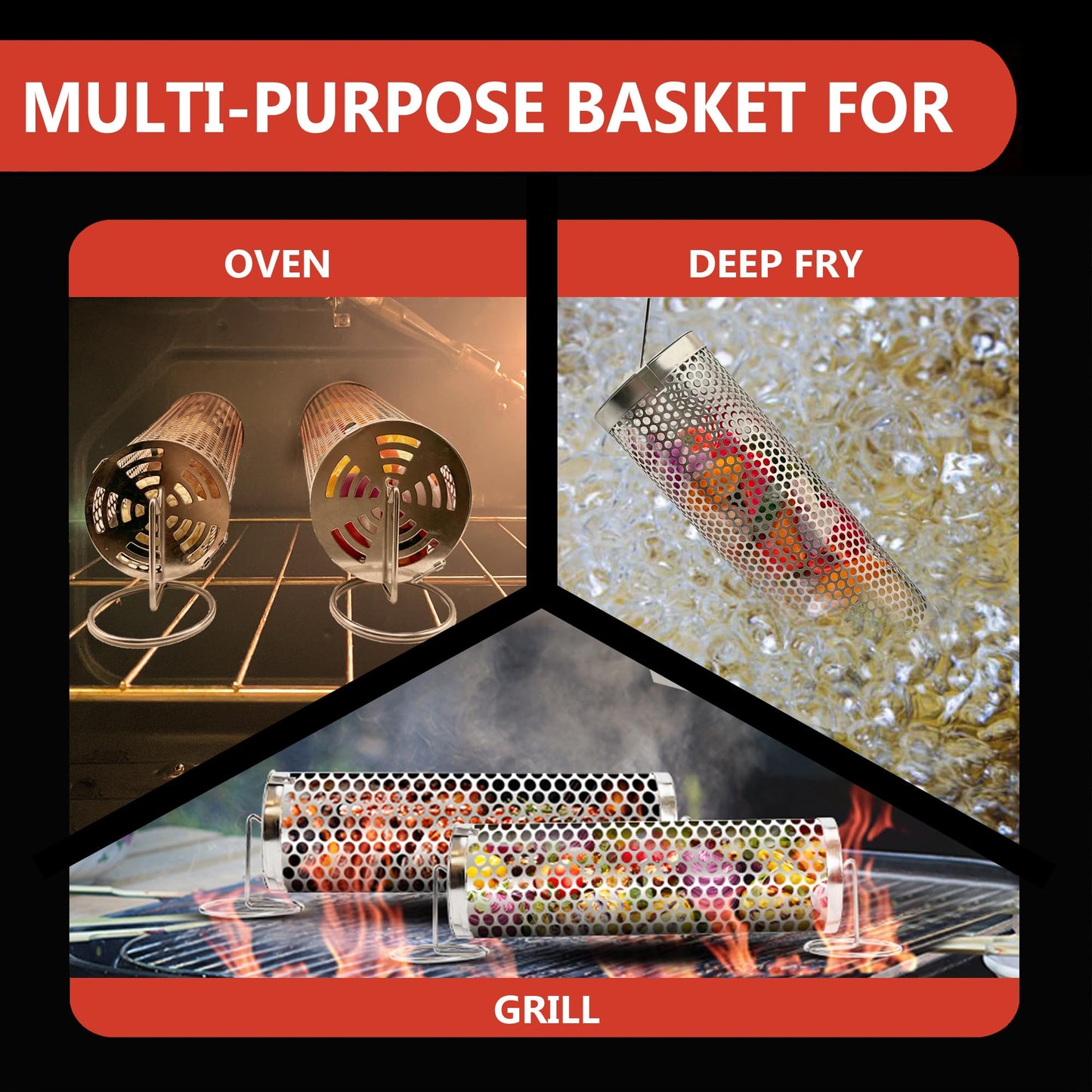 Rolling Grilling Baskets (2 PCS) - 360° Heavy Duty Stainless Steel BBQ Basket, Complete Set for Outdoor Cooking and Party