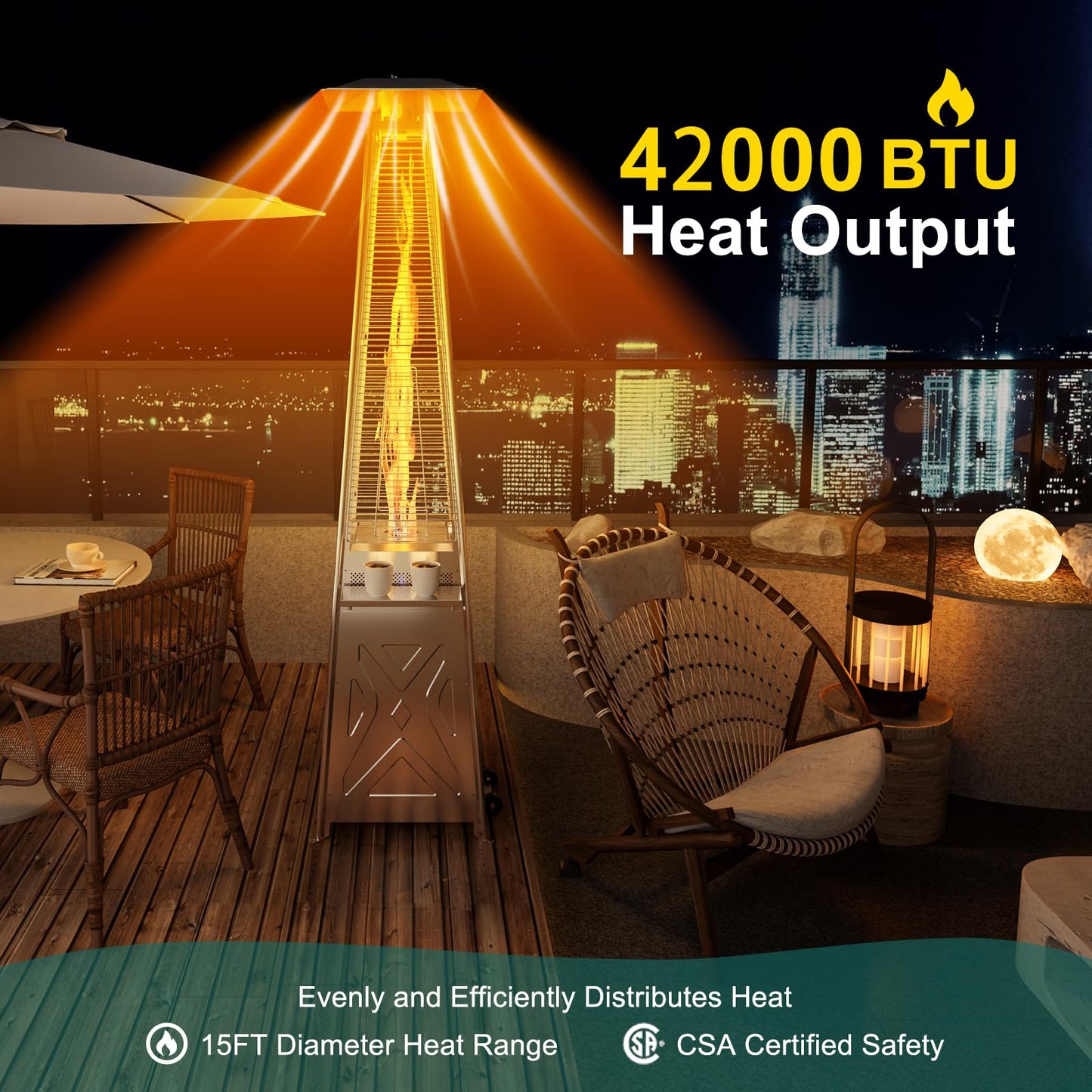GarveeLife 42,000 BTU Pyramid Patio Heater, Glass Tube Propane Patio Heater with Wheels, Stainless Steel Outdoor Propane Heaters for Backyard, Garden, Patio, Porch and Pool