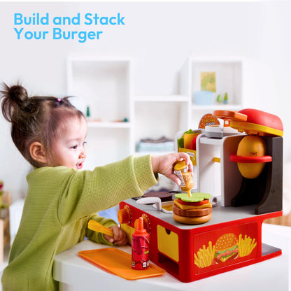 lalalark Restaurant Play Food Set Toy, 40+ PCS Fast Food Playset with Potato Cutter, Simulated Frying Effect & Lights, Order, Card & Drink Station, Interactive Role Play Toy Birthday Gift