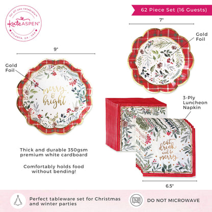 Kate Aspen 62pc Christmas Tableware Set Holiday Dinner Party Kit - 16pcs 7 inch & 9 inch Heavy Duty Disposable Party Plates, 30pcs 6.5 inch Durable Paper Napkins