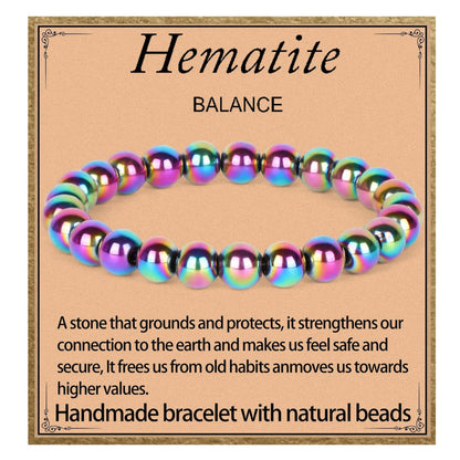LPBeads Handmade Natural Gemstone Stretch Elastic 8mm Rainbow Coated Hematite Bracelet Healing Crystal Round Stone Beads Jewelry Gifts for Women Men