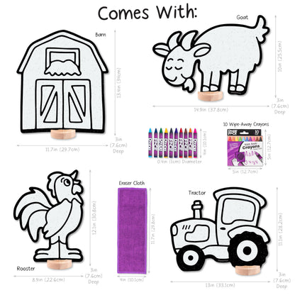 DoodleFace Farm Companion Toy Set for Kids: Color, Play, Wipe Away with Crayons and Eraser. Educational Reusable Coloring Toy with Barn, Goat, Rooster, Tractor.