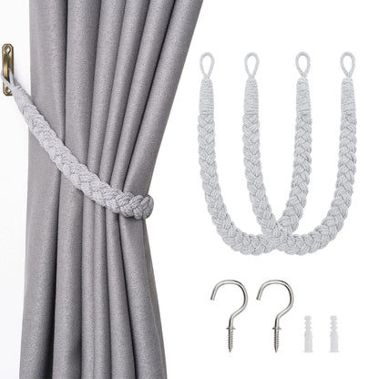 NICEEC 2 Pack Natural Cotton Rope Curtain Tiebacks Elegant Boho Style Decorative Drape Tie Backs Soft Hand-Woven Rope Curtain Holdbacks with Metal Hook for Home & Office Drapery (Light Grey)