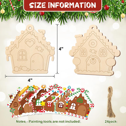 COCHIE Wooden Christmas Ornaments to Paint for Kids Adults Set of 24, Xmas Unfinished Wood Crafts for Painting, DIY Paintable Christmas Cutouts Slices for Craft with Ropes (Gingerbread House)