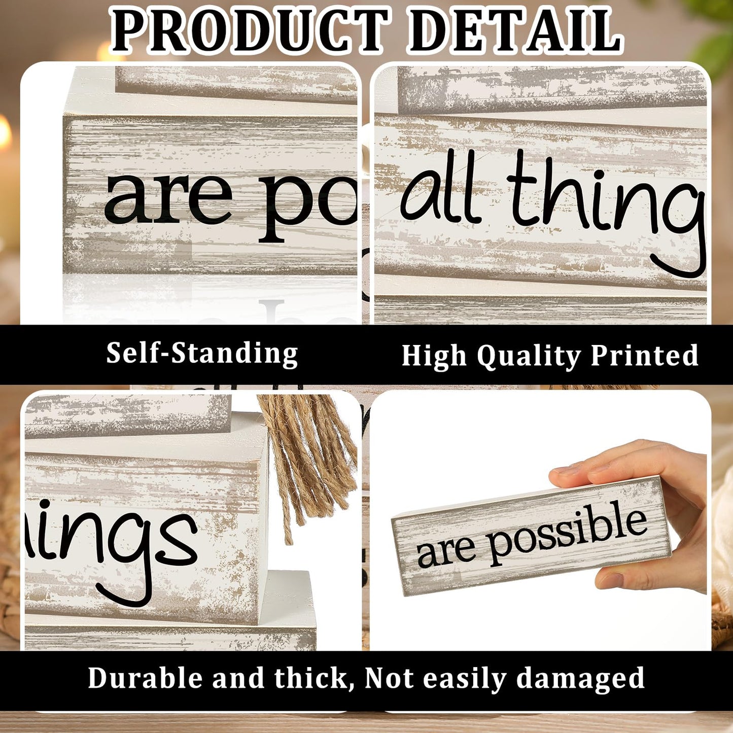 Yuntau 4 Pcs Farmhouse Wooden Tabletop Decor Farmhouse Tiered Tray Decor Rustic Retro Wood Bead Garland with God All Things are Possible Block Sign Neutral Centerpiece Sign for Home Shelf Mantle