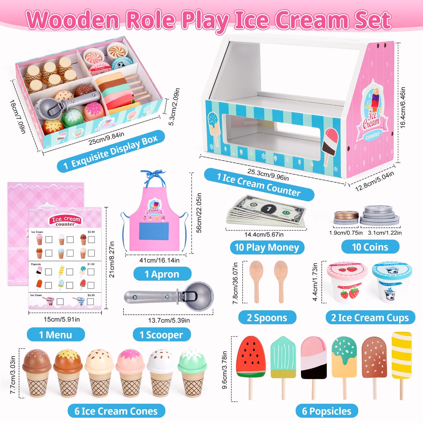 Ice Cream Toy, Wooden Ice Cream Play Set with Aprons, Fake Money, Scoop, Menu, Ice Cream Toys Pretend Play Toys for Girls Boys, Wooden Play Food Set Toy Kitchen Gifts for 3 4 5 6 Year Old Toddlers