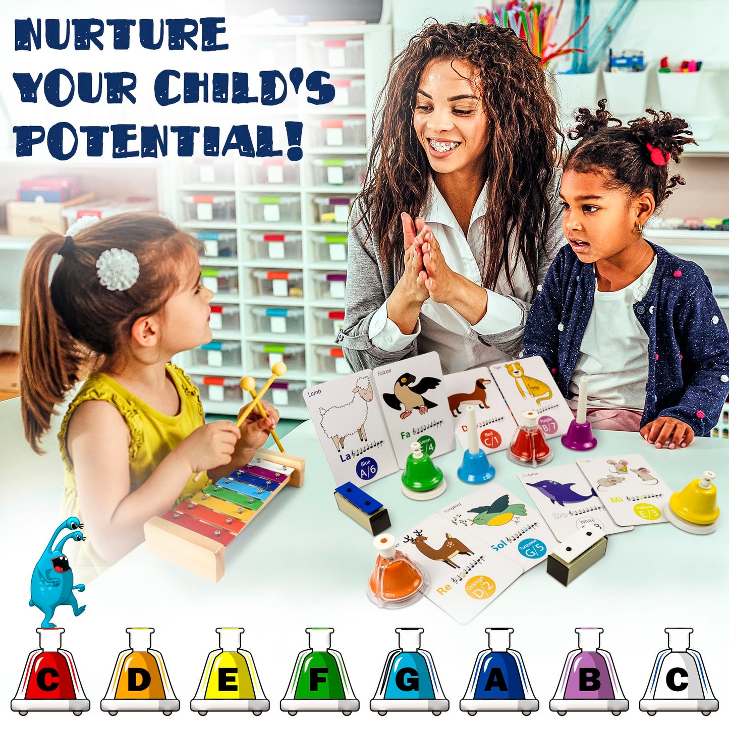 MINIARTIS Desk Bells for Kids | Educational Music Toys for Toddlers 8 Notes Colorful Hand Bells Set | Kids Musical Instrument with 15 Songbook | Great Birthday Gift for Children