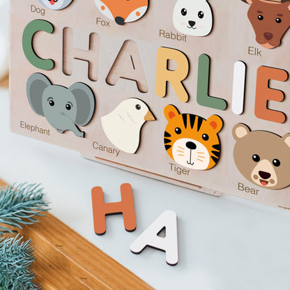 Zuzu Puzzle Personalized Name Puzzle for Toddlers 1-3 | Safari, Farm & 12 Themes | Handmade Wooden Montessori Toy, Keepsake Nursery Decor & Perfect 1st Birthday Gift for Boy Girl