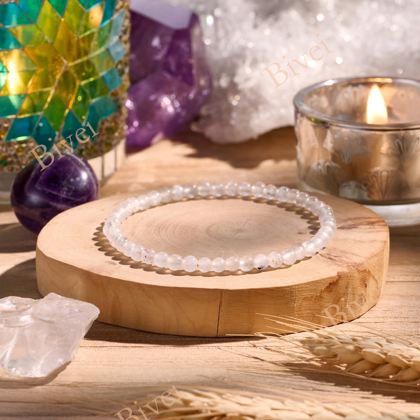 Bivei Moonstone - Receptive - 4mm Beaded Bracelets for Women Handmade Semi Precious Natural Stone Stretch Elastic Jewelry Yoga Protection Gifts