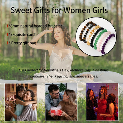 Gnamy Tiger Eye Beads Bracelet for Women, Healing Crystal Bracelet for Spiritual Healing Positive Energy Stress Relief, Natural Stone Stretch Beaded Bracelets Birthday Valentines Gifts Jewelry for Her Daughter Best Friends