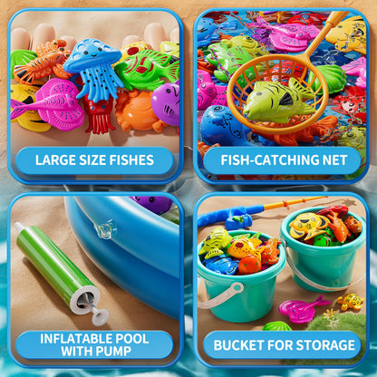 JUKUDAHU Magnet Fishing Toys Game for Kids 3-5 - Floating Fish Toys with Inflatable Kiddie Pool, Bath for Toddlers, Pole Rod Net, Outdoor Party for Boys Girls Kids Age 3 4 5 6 7 8 Year Old