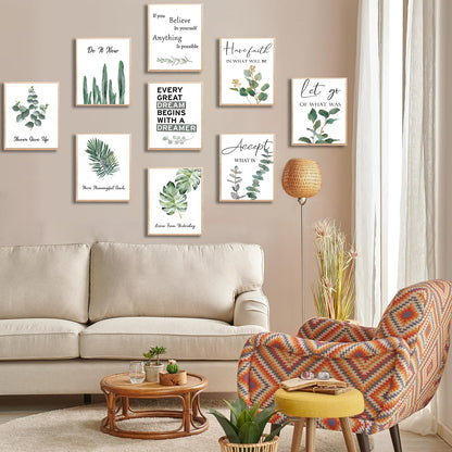 9pcs Inspirational Wall Art Motivational Quotes Wall Decor for Office Inspirational Eucalyptus Leaves Sage Poster Never Give Up Canvas Prints Painting Picture for ClassroomBedroom 8x10in Unframed