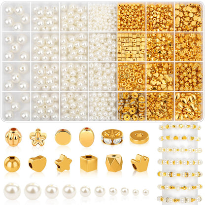 1352 Piece Gold Spacer and Pearl Beads for Bracelets, Assorted Gold and Pearl Beads for Jewelry Making