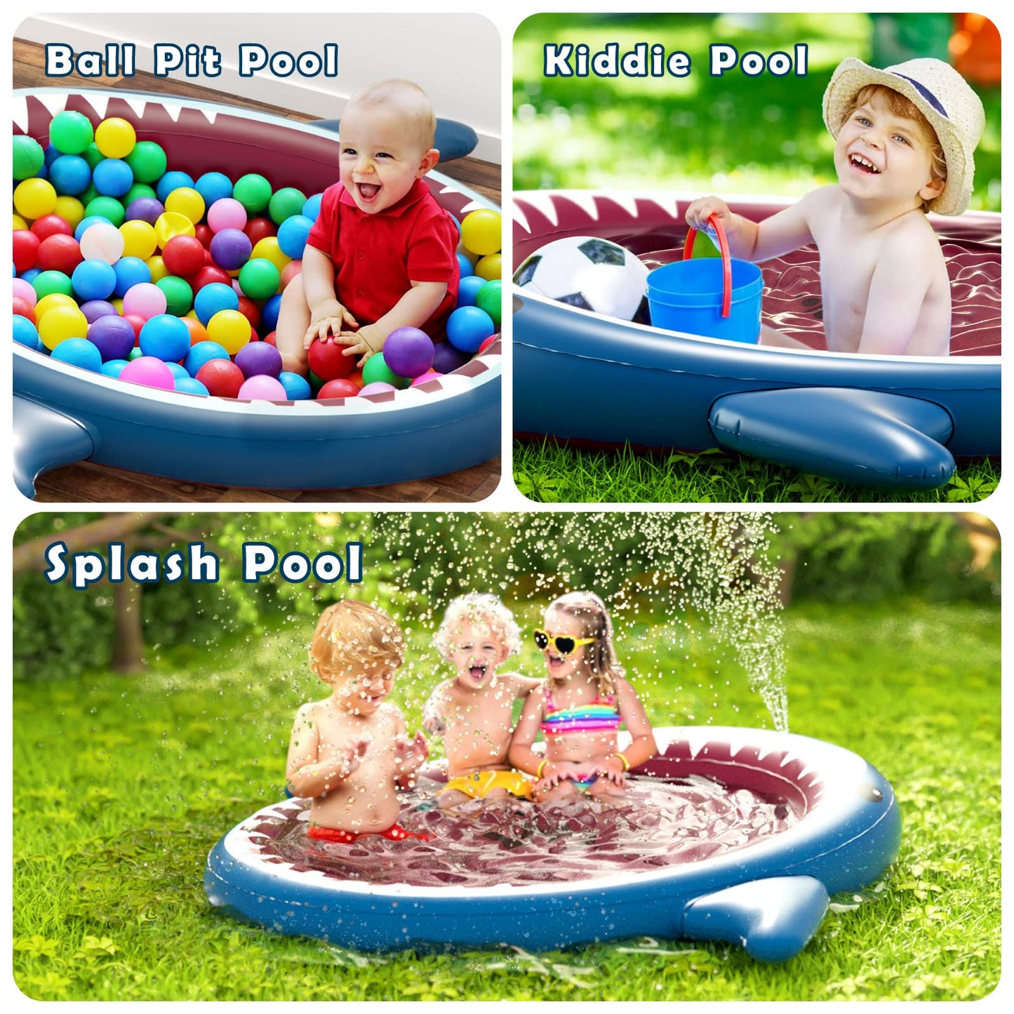 Jasonwell Inflatable Kiddie Pool Sprinkler: 71-Inch 3-in-1 Children Ball Pit Shark Baby Wading Pool Outdoor Swimming Pool Summer Water Toys for Boys Girls Dogs