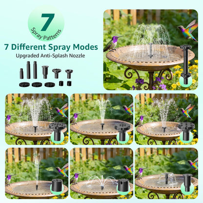PONDIA Solar Fountain Pump with Battery Backup, 7.5W Solar Water Pump Built-in 3000mAh Battery, Dual-Layer Nozzles 7+ Spray Modes & 5Ft PVC Tubing, Pond Fountain for Bird Bath Garden Water Feature