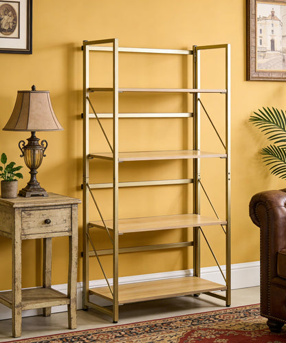 BIASUNS Folding Bookshelf,Multifunctional Foldable Plant Stand Storage Rack Shelves for Home Office, Easy Assembly, 4-Tier,Gold & Nature Wood