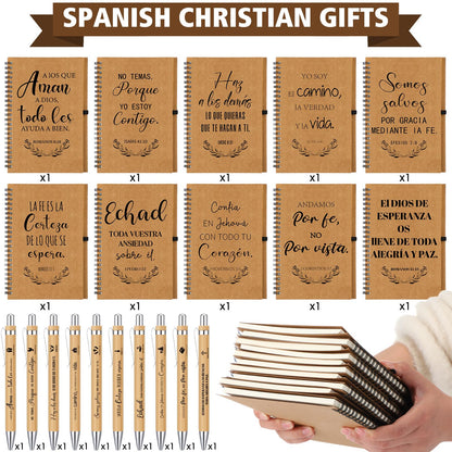 Resurhang 20 Pcs/10 Sets Regalos Cristianos En Español Spanish Christian Notebooks with Pen Spanish Religious Gift Bulk Motivational Journals Inspirational Pen Thank You Gift for Church (Kraft Color)