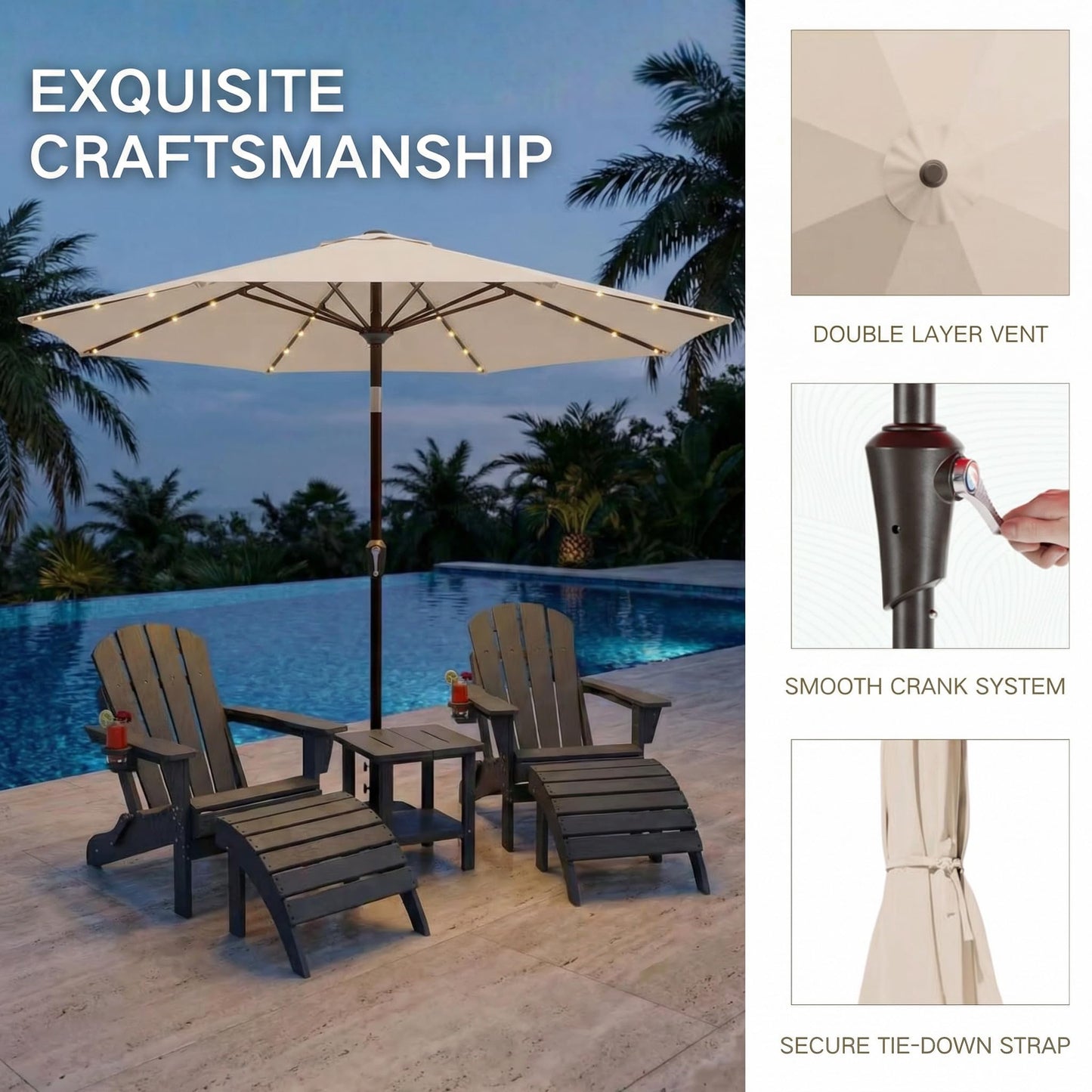 Kingdura 10FT Outdoor Patio Umbrella with Solar Lights, Market Table Umbrella with Push Button Tilt & Crank, 8 Sturdy Ribs, 32 LED Lights, UV Protection for Garden Lawn Deck Backyard Pool (Beige)