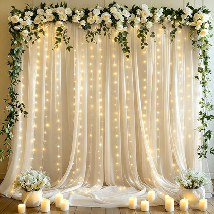 10x10ft Cream White Tulle Backdrop Curtains with Lights String for Parties,Wrinkle Free Sheer Curtain Wedding Photo Backdop Drapes for Baby Shower Birthday Party Photography Home Decorations