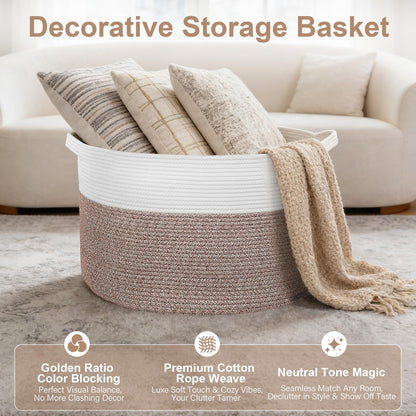 90L Extra Large Blanket Basket for Living Room - Cotton Rope Laundry Hamper Woven Baskets XXL Storage Bin with Handles for Dirty Clothes, Kids, Pets, Toys, Bedroom, 23'' x 23'' x 13'', White & Brown
