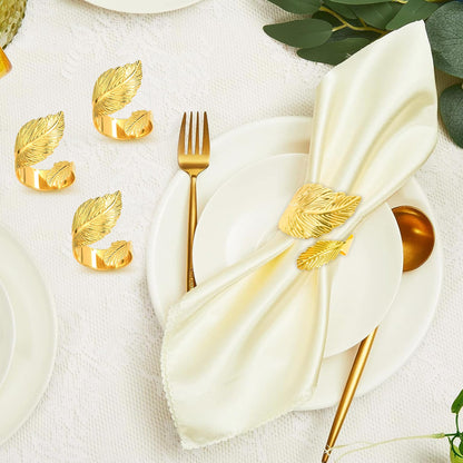 12-Pack Elegant Napkin Rings, Premium Metal Napkin Holders for Wedding, Daily Dining & Holiday Decor, Polished Gold & Silver Napkin Rings Set for Table Setting (Leaf Shaped-Gold)