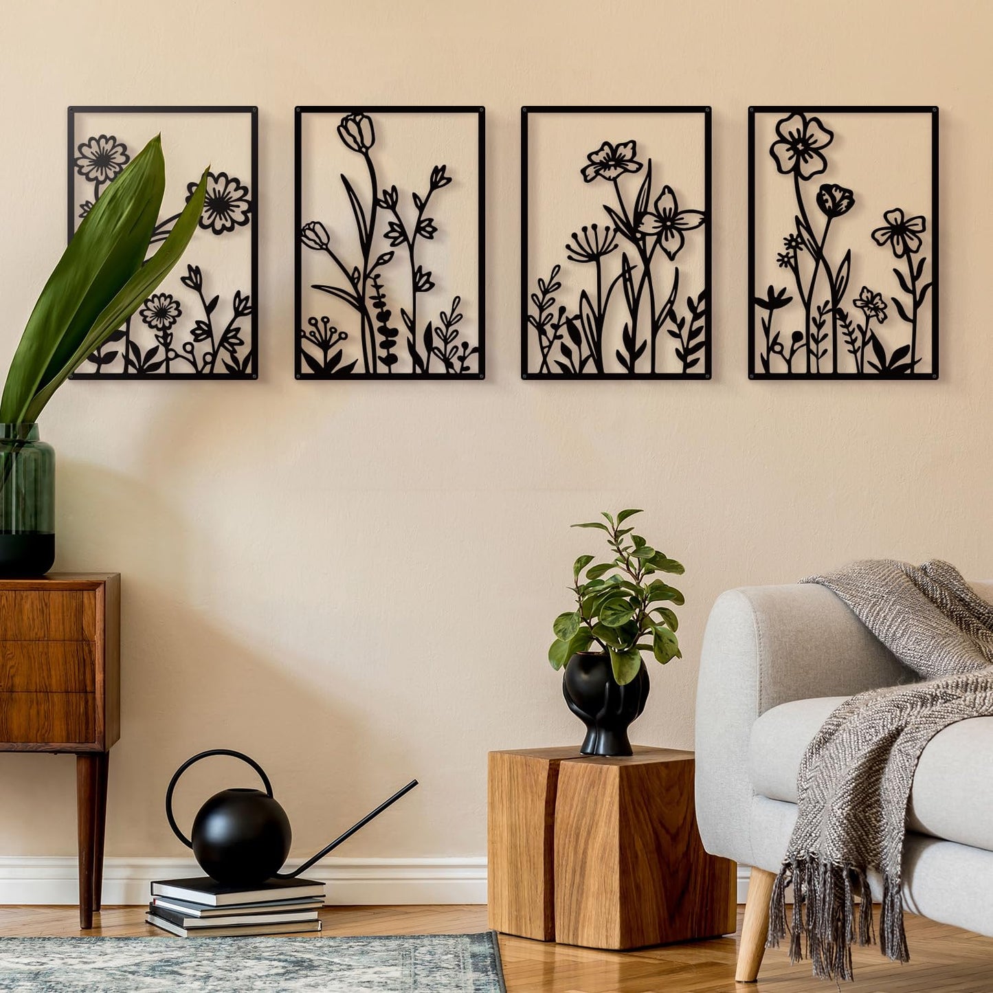 Sokurdeg Black Metal Flowers Wall Decor, Minimalist Floral Wall Hanging Art, Black Abstract Line Wall Art Sculptures for Bedroom Bathroom Living Room (4 Pcs, 12 x 17 in)