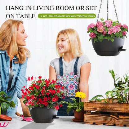 SQKH 12 Inch Hanging Baskets 2 PC with Chains, Self-Watering Hanging Planters for Indoor Outdoor Plants, Plastic Hanging Flower Pots,Black