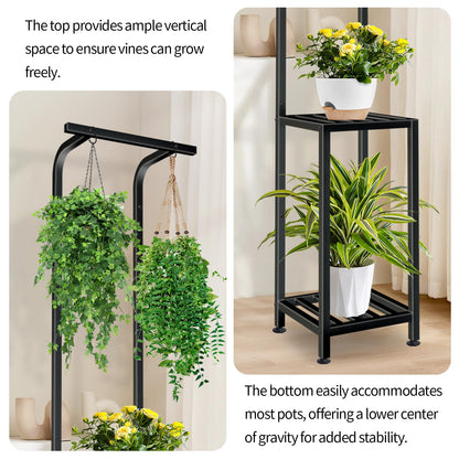 LLAXERGU Plant Stand Indoor Outdoor, 65" Tall Plant Stand Outdoor 3 Tiered Hanging Plant Shelf Heavy Duty Flower Stand Multiple Plant Metal Display Rack for Living Room Garden Balcony