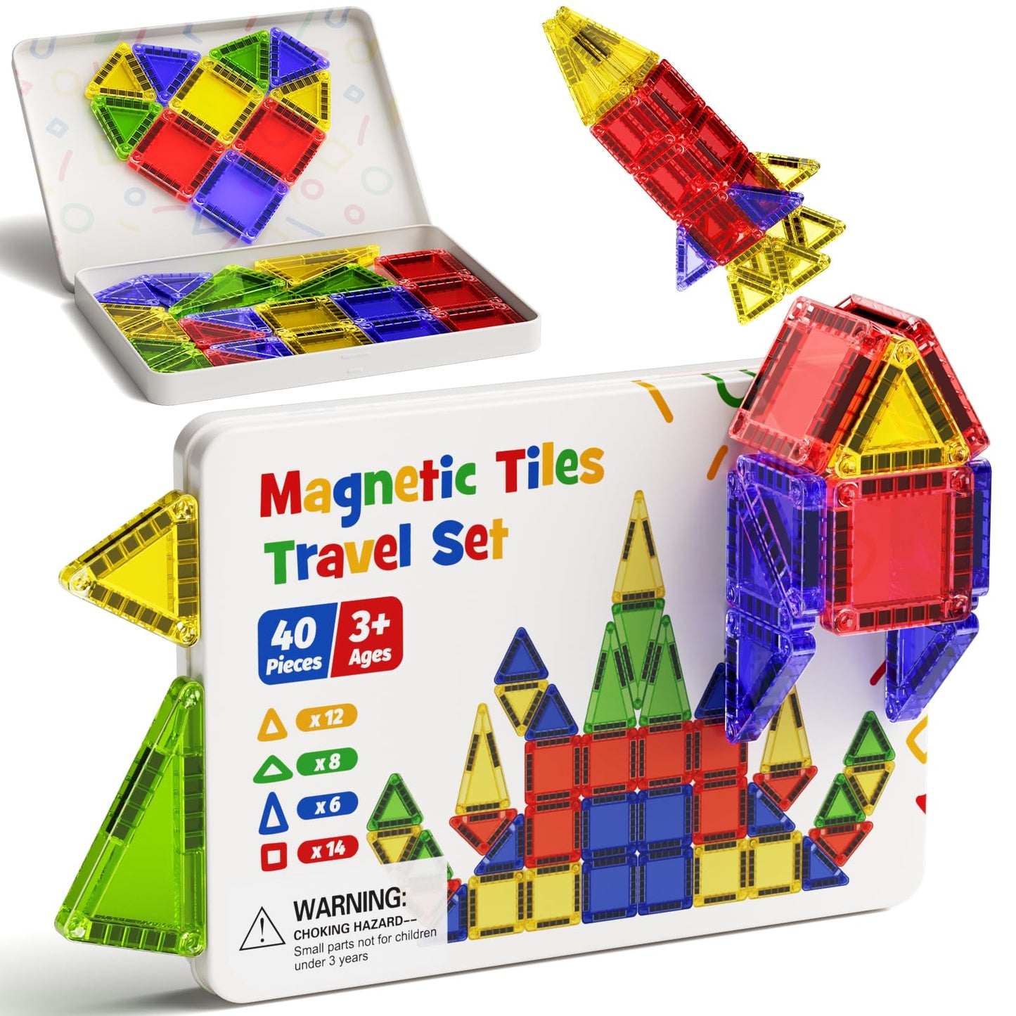 Mini Magnetic Tiles for Kids Travel - 40pcs STEM Building Blocks with Visual Storage Guide & Metal Box Play Base, Toddler Airplane Activities Toys for Ages 3-5,4-8, Compact Travel Toys