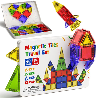Mini Magnetic Tiles for Kids Travel - 40pcs STEM Building Blocks with Visual Storage Guide & Metal Box Play Base, Toddler Airplane Activities Toys for Ages 3-5,4-8, Compact Travel Toys