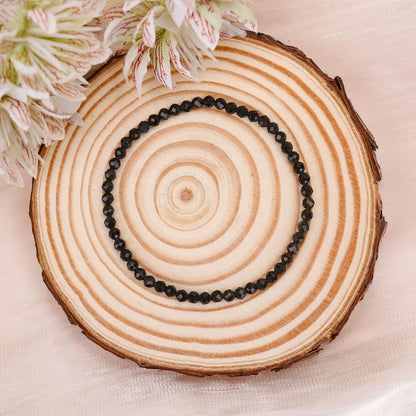 BONNY BOXX Natural Genuine Gemstone Faceted Round Beads Bracelets, 3mm Adjustable Stretchy Tiny Faceted Black Obsidian Bracelet, Healing Crystal Reiki Chakra Dainty Jewelry Fashion Gifts