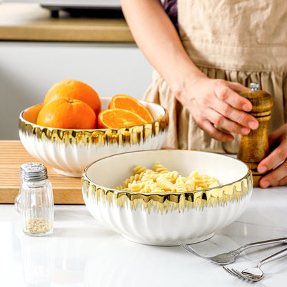 LETAOTAO Serving Bowls, 8 inch Large Salad Bowls, Ceramic Bowl Set of 2 White Bowl with Gold Trim, Kitchen Decorative Bowls Set for Kitchen, Salad, Soup, Pasta and Dinner(60 oz)