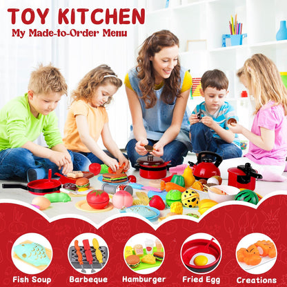 FunMission 134 Pcs Toy Kitchen Accessories, Toddler Pretend Cooking Toys with BBQ Grill, Pressure Cooker, Kettle, Pots, Pans, Kitchen Playset for Cutting Play Food, Learning Gift for Girls Boys