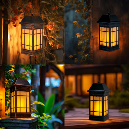 anyperfect 15.5" Solar Lantern Outdoor Waterproof, Glass Flickering Flame Solar Lanterns, Hanging Metal Lantern Decorative for Patio Front Porch Garden Backyard Tabletop Party Decoration