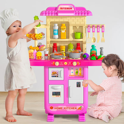 MSKOLER Play Kitchen Playset, Girls Kitchen Toys for Ages 2-6 4-8 with Light, Sound and Spraying, Sink Toy Accessories, Cooking Stoves, Pretend Food for Toddlers 1-3 3-5